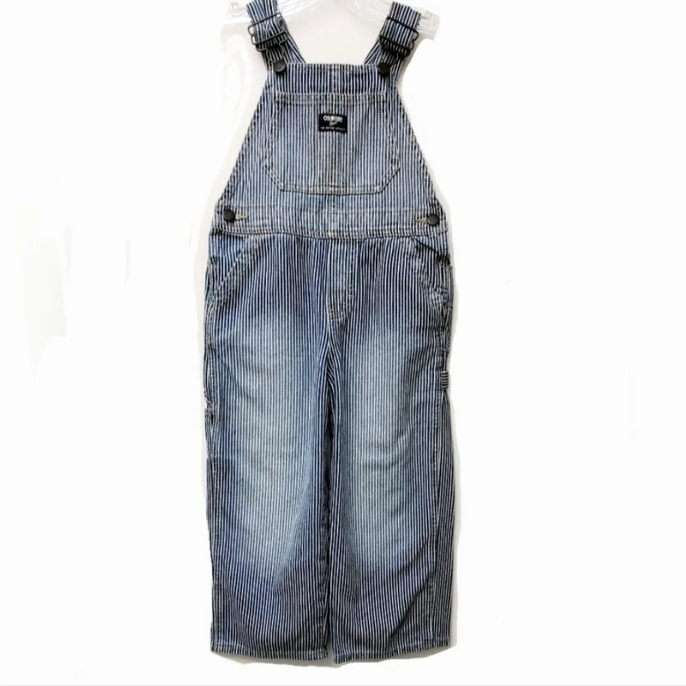OshKosh B'gosh Railroad Stripes Navy White 100% Cotton Overalls Size 4T